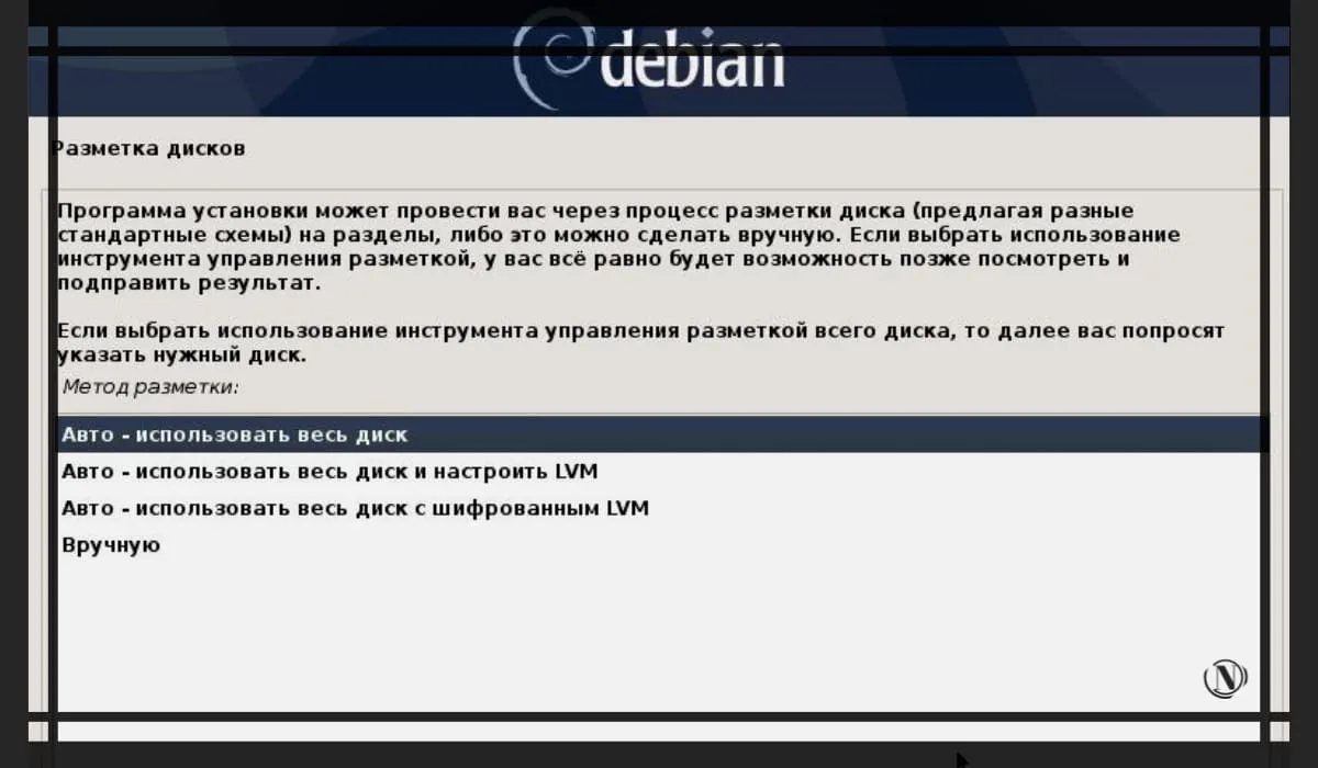 Выберите способ разметки дисков в debian 10.