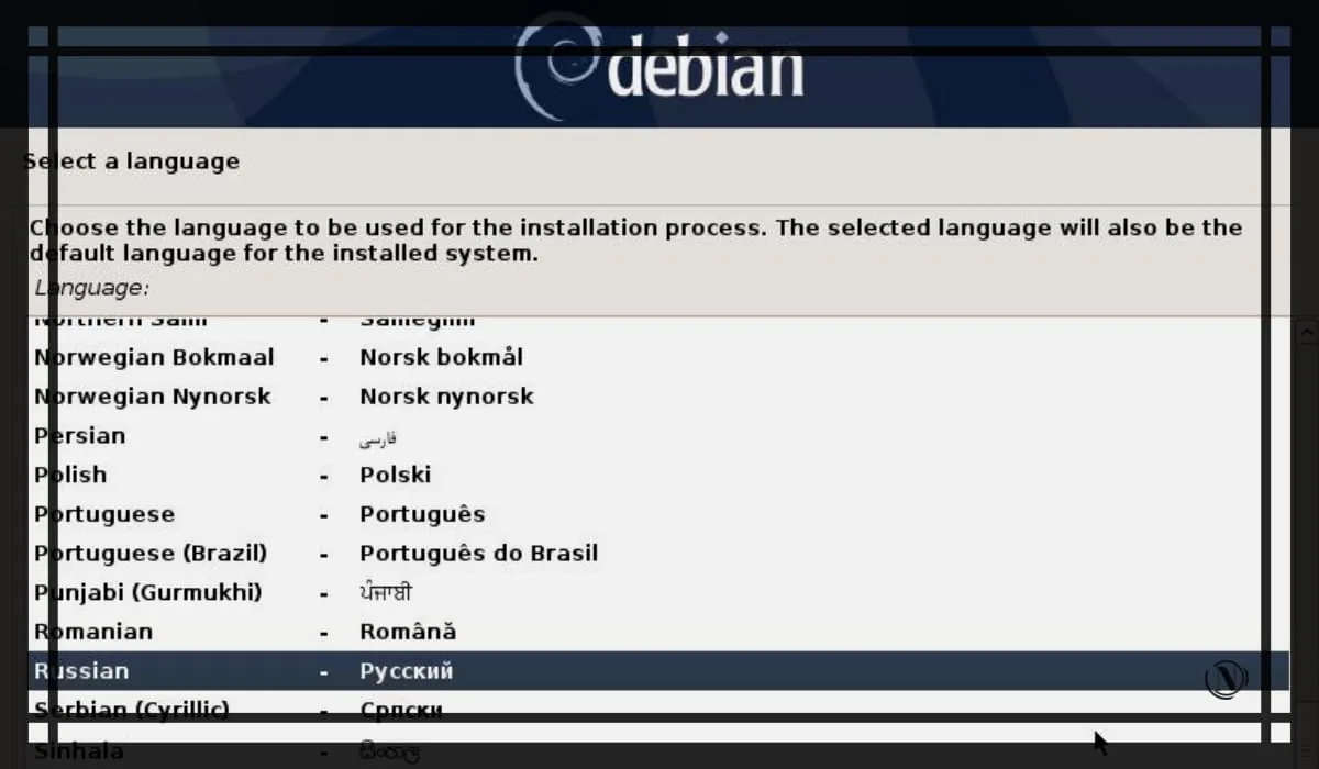 debian-10-install-1 начало установки. Параметр выбора языка.