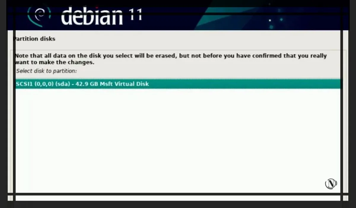 Debian 11 - Разметка дисков выбор диска для форматирования.