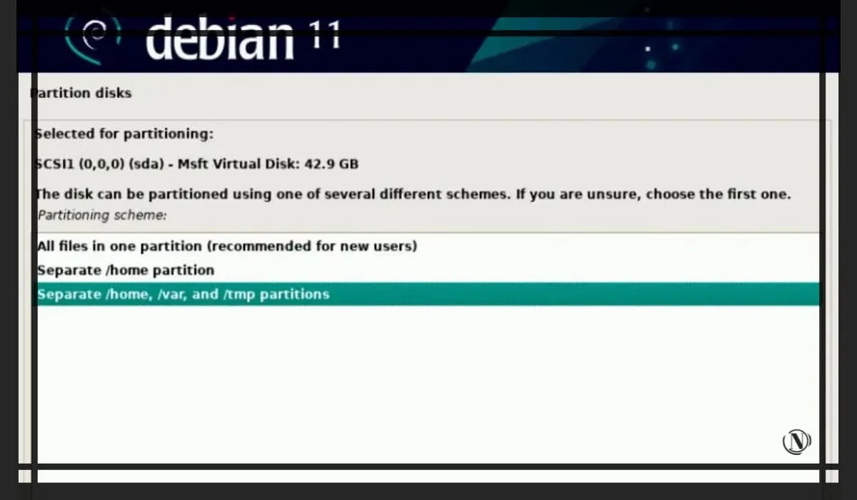 Debian 11 выбор таблицы разметки /home, /var, /temp.