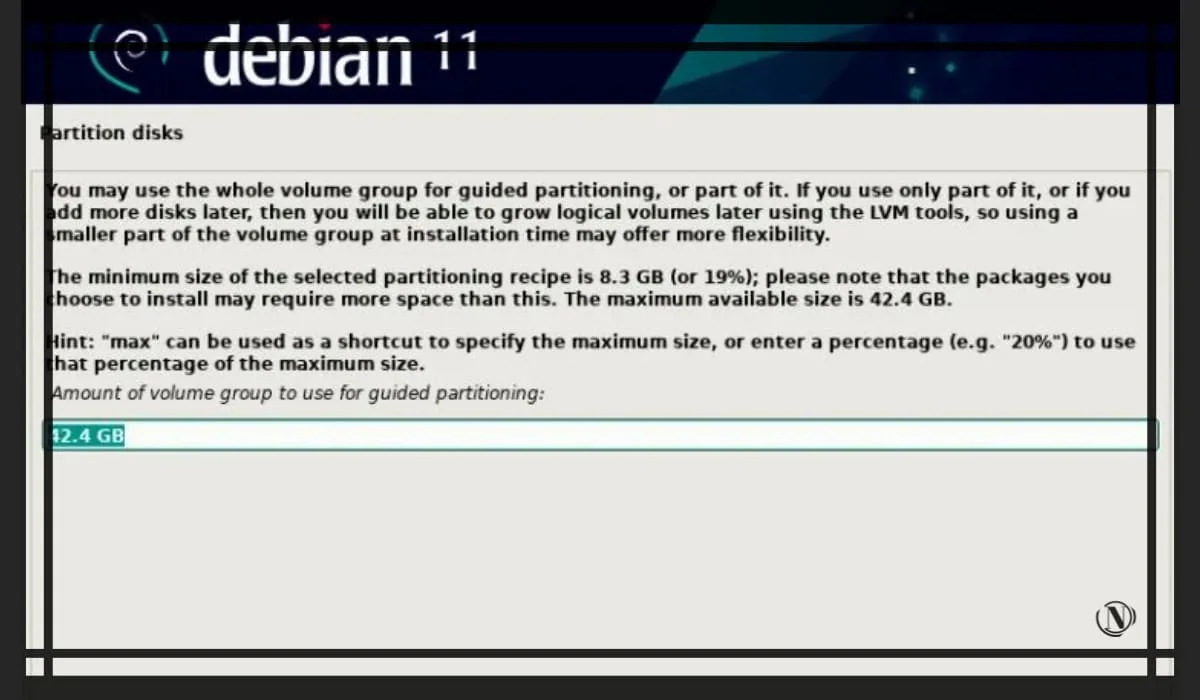 Установка Debian 11 - выбор пространства на диске.