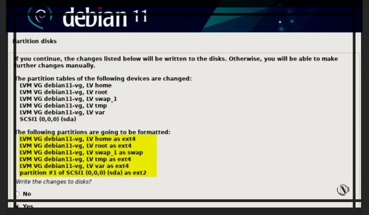 Debian 11 итоговая таблица разделов диска.